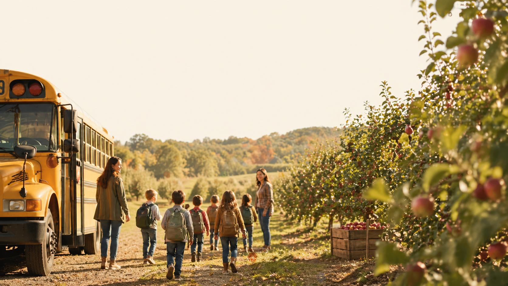 A school group arriving for a fall day at the orchard