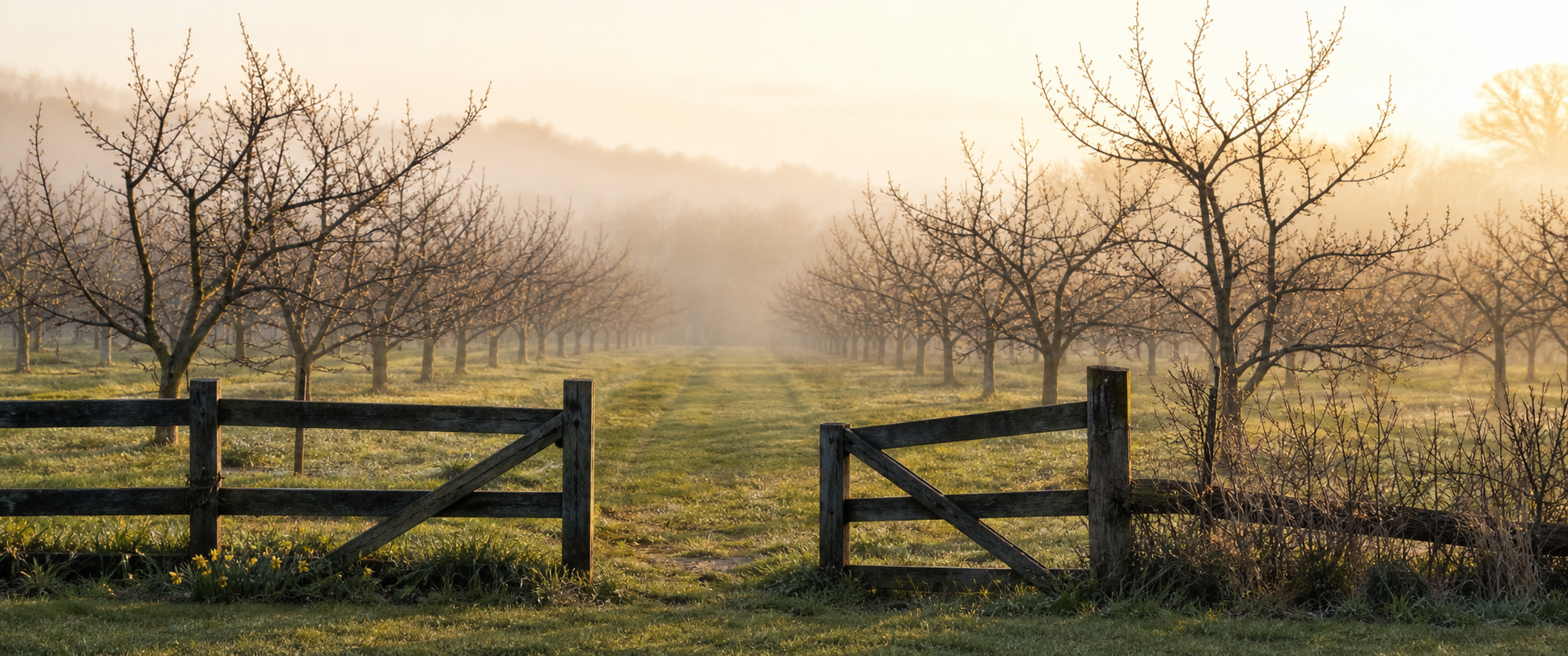 Quiet apple rows resting in soft morning light between seasons